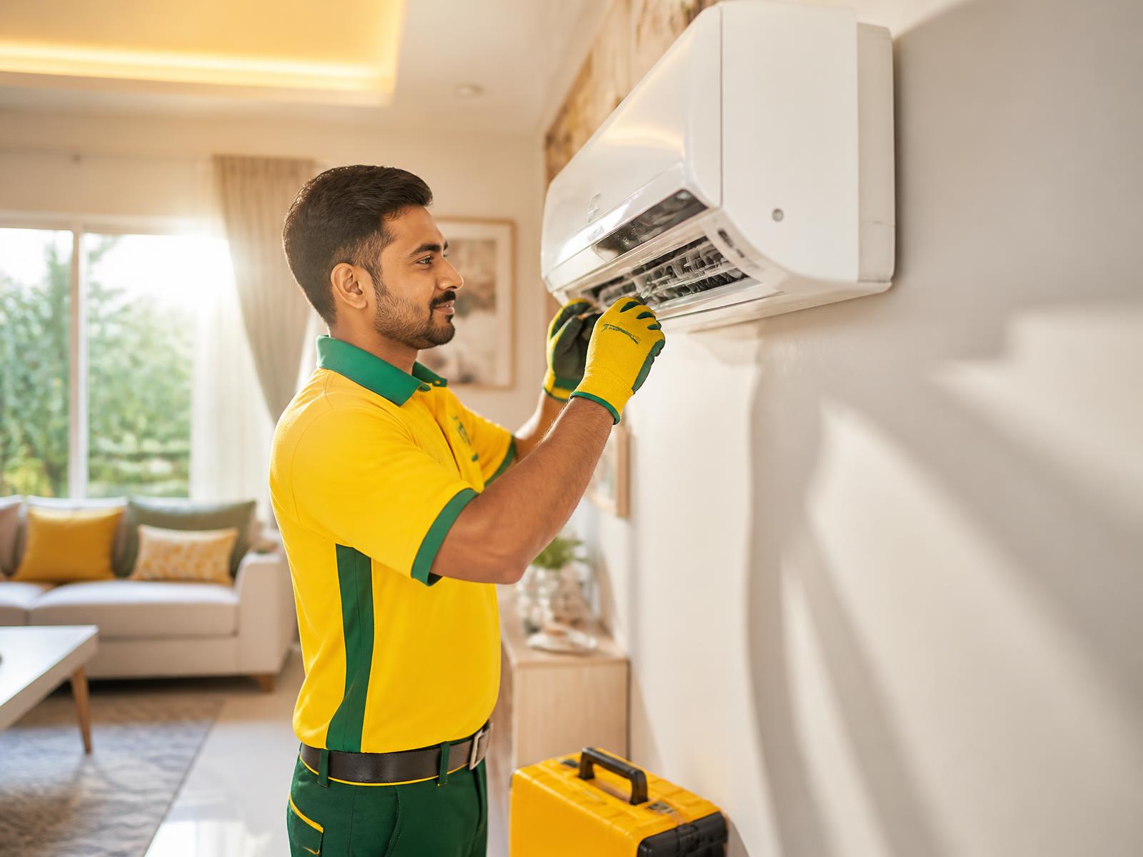 Udayam AC technician servicing a split air conditioner in a Nagercoil home